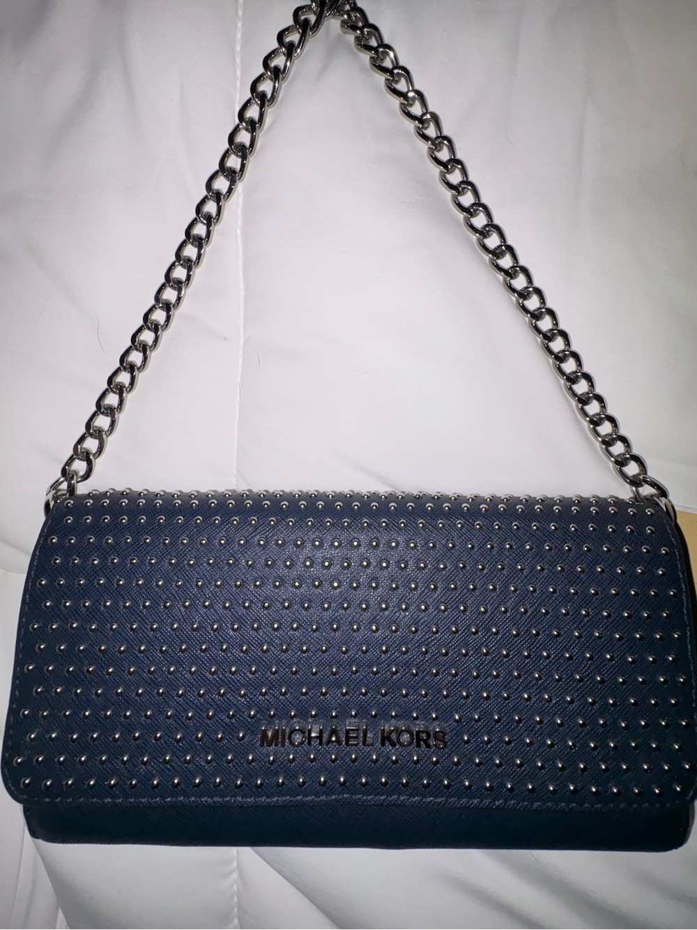 Michael Kors Navy Studded Chain Shoulder Bag with Silver Hardware